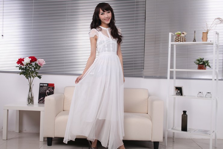 Women Elegant Gown Chiffon Lace Long Maxi Dresses Evening Party Prom Bridemaid Short Sleeve
