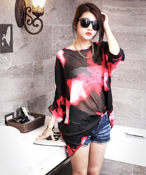 Women Girls Casual Red Chiffon Floral Shirts Blouse Batwing Half Sleeve Oversized Loose