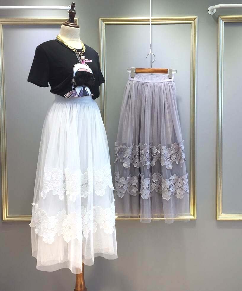 Grey Fashion Women Casual Long Skirts Gauze Tulle Lace Flower Elegant
