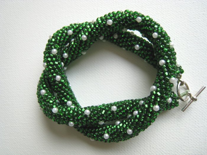 Beaded Crochet Irish Green Glass Necklace with Faux White Pearls