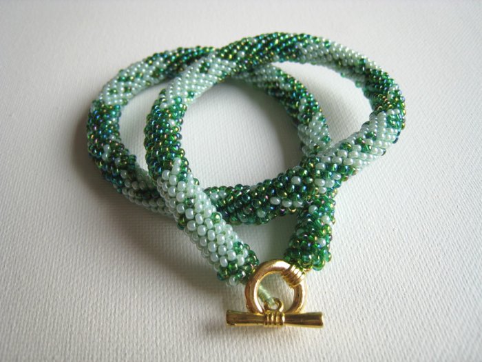 Beaded Crochet Light and Dark Green Glass Necklace