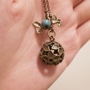 Rustic Copper Ball Necklace with Pigeon Pendant and Turquoise