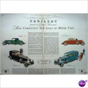 4 models 1932 Cadillac V12 V8 double page color ad E154