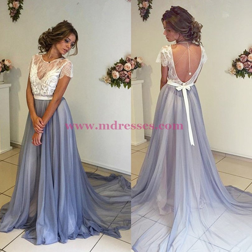 Lace Chiffon Cap Sleeves Long Prom Dresses Party Evening Gowns 440
