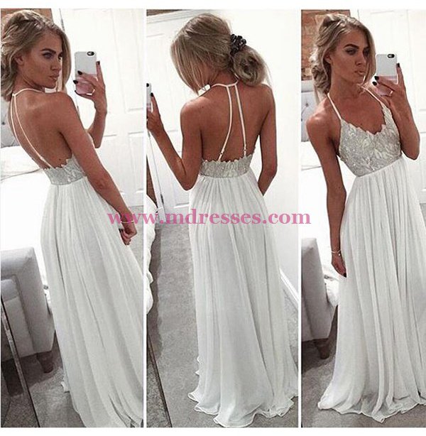 Long White Spaghetti Straps Chiffon Prom Dresses Party Evening Gowns 443