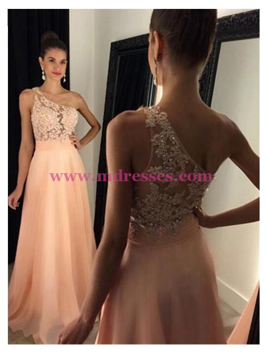 A-Line One-Shoulder Beaded Lace Chiffon Prom Dresses Party Evening Gowns 444