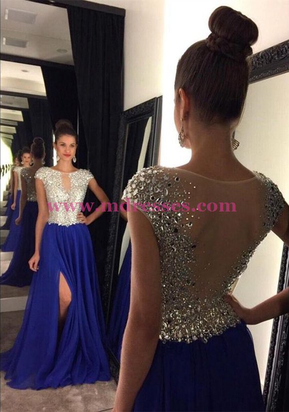 Long Blue Beaded Prom Dresses Party Evening Gowns 446