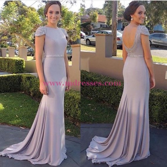 Mermaid Cap Sleeves Beaded Long Prom Dresses Party Evening Gowns 448