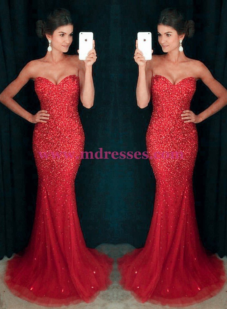 Mermaid Long Red Sparkly Prom Dresses Party Evening Gowns 449