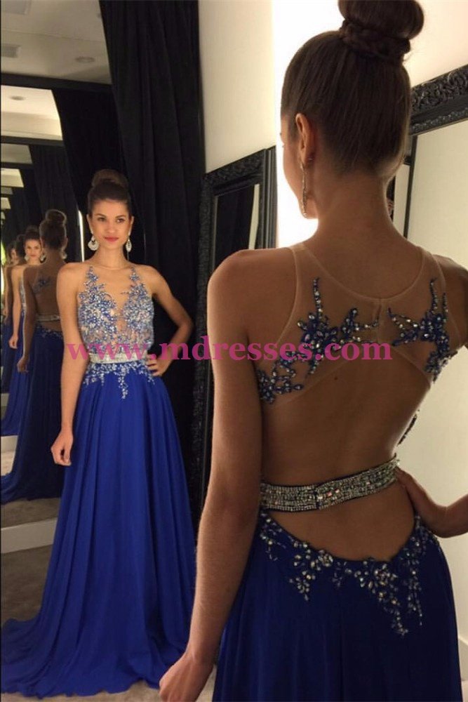 Long Blue Beaded Lace Appliques Illusion Bodice Prom Dresses Party Evening Gowns 459