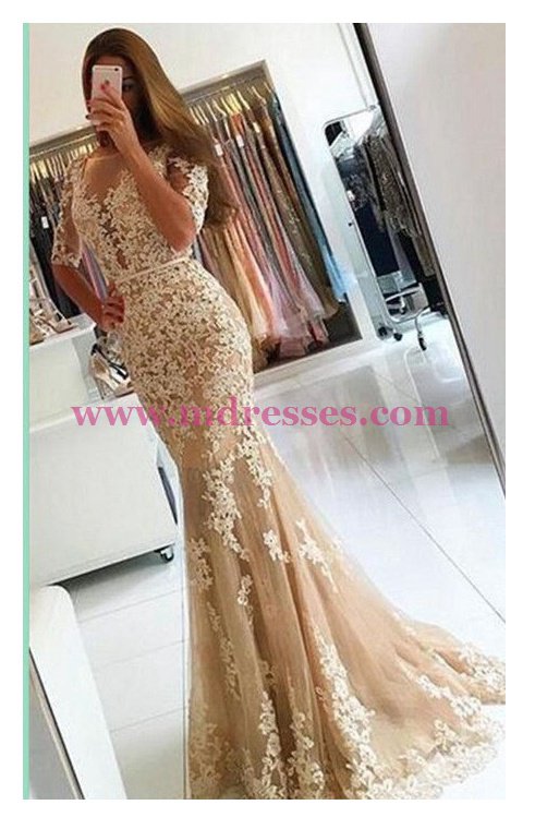Mermaid Short Sleeves Lace Appliques Long Prom Dresses Party Evening Gowns 462