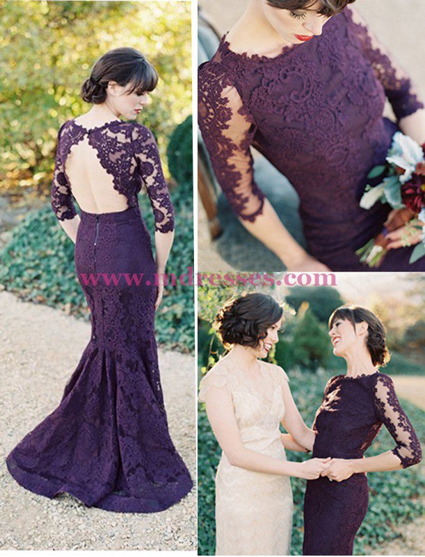3/4 Length Sleeves Mermaid Long Purple Lace Prom Dresses Party Evening Gowns 464