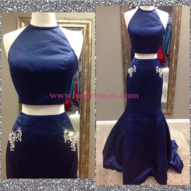 Mermaid Two Pieces Long Blue Prom Dresses Party Evening Gowns 467