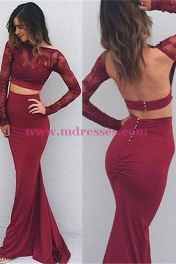 Long Sleeves Lace Mermaid Two Pieces Open Back Prom Dresses Party Evening Gowns 469