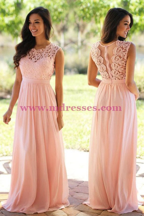 Long Pink Lace Chiffon Prom Dresses Party Evening Gowns 470