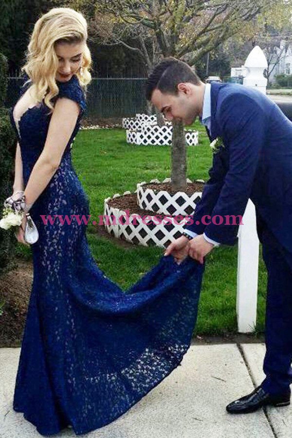 Long Blue Mermaid Lace Open Back Prom Dresses Party Evening Gowns 473