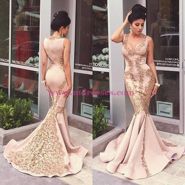 Mermaid Gold Lace Appliques Prom Dresses Party Evening Gowns 475