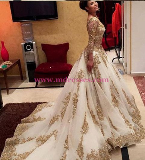Gold Lace Appliques Long Sleeves Prom Dresses Party Evening Gowns 478