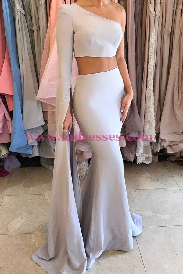 Two Pieces One Sleeve Mermaid Long Prom Dresses Party Evening Gowns 480