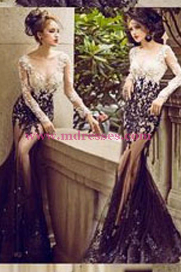 Sexy Mermaid Long Sleeves Black White Lace Prom Dresses Party Evening Gowns 484