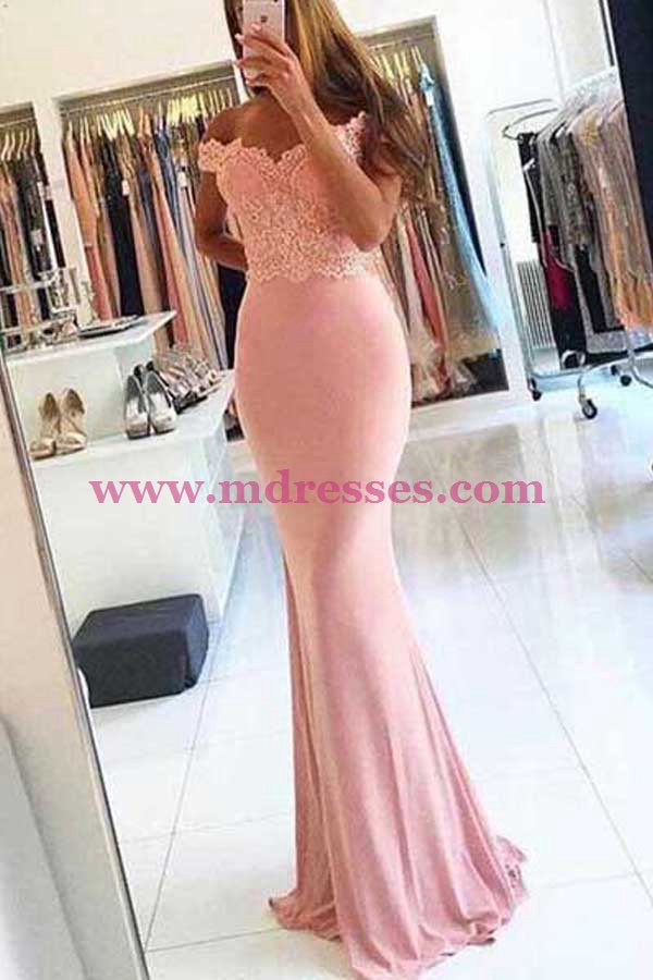 Mermaid Off-the-Shoulder Lace Long Pink Prom Dresses Party Evening Gowns 486