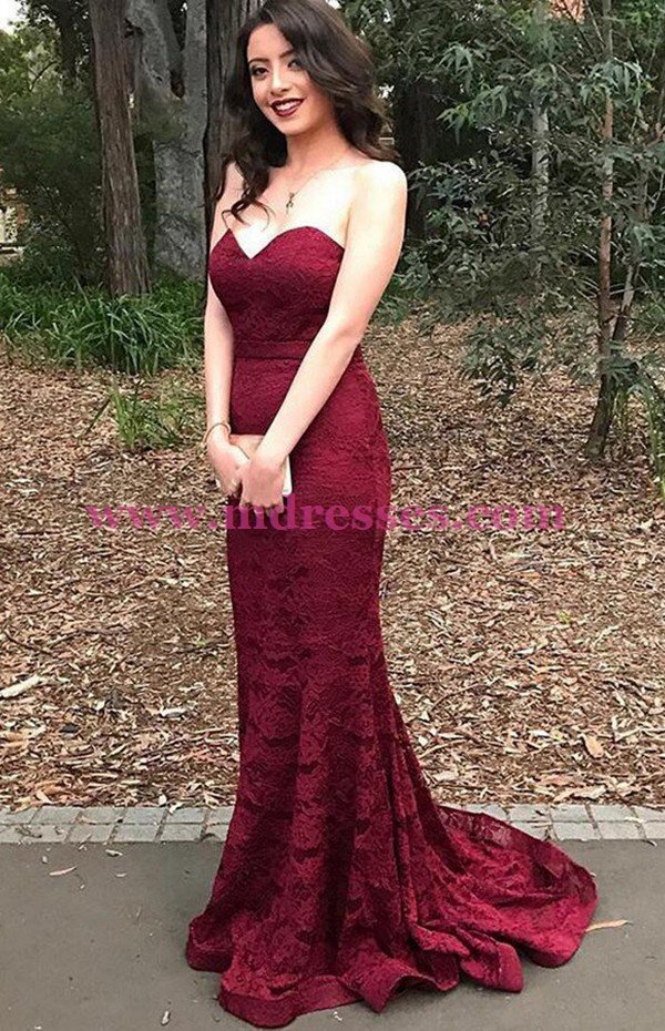 Long Mermaid Lace Burgundy Prom Dresses Party Evening Gowns 488