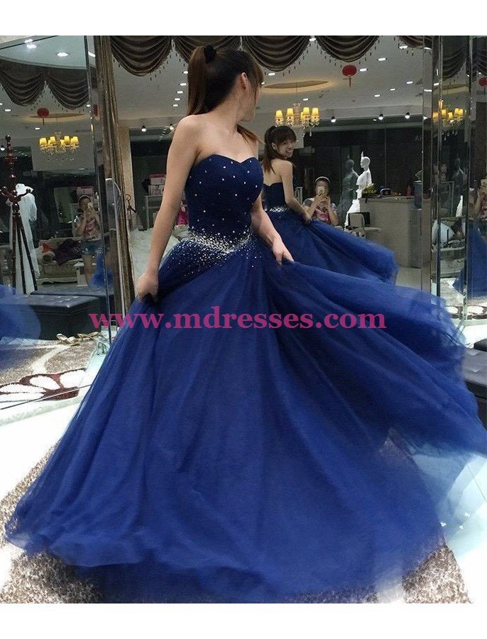 Long Blue Beaded Prom Dresses Party Evening Gowns 489