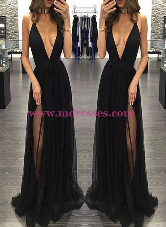 Sexy Low V-Neck Long Black Prom Dresses Party Evening Gowns 492