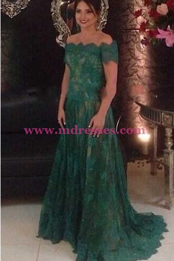 Long Green Lace Off-the-Shoulder Prom Dresses Party Evening Gowns 498