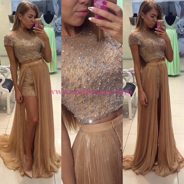 Beaded Two Pieces Long Prom Dresses Party Evening Gowns 502