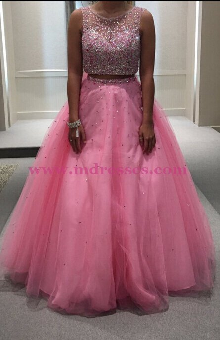 Beaded Two Pieces Long Pink Keyhole Back Prom Dresses Party Evening Gowns 503