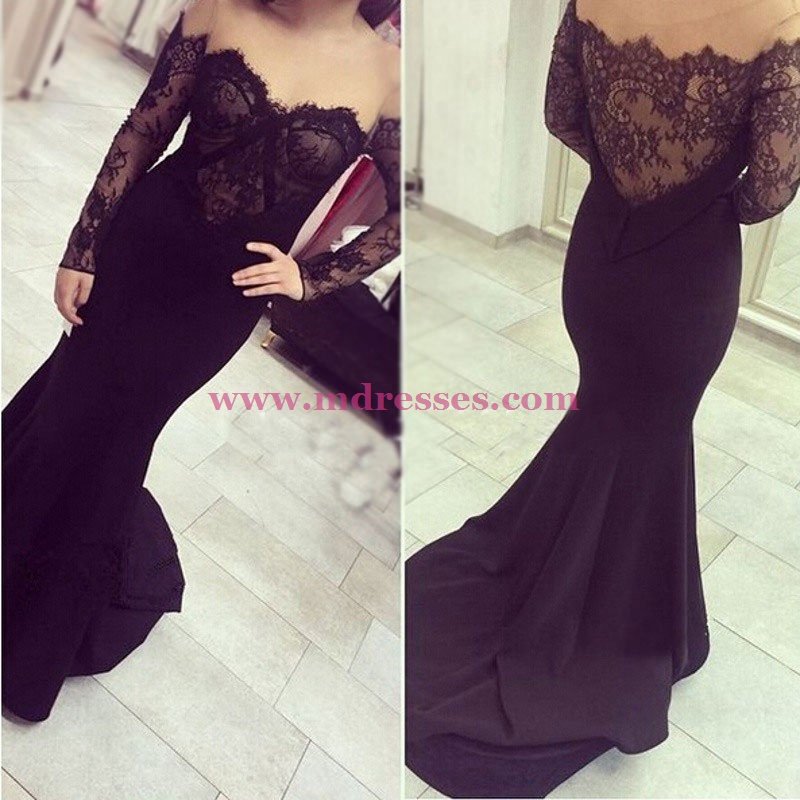 Mermaid Off-the-Shoulder Lace Long Sleeves Prom Dresses Party Evening Gowns 505
