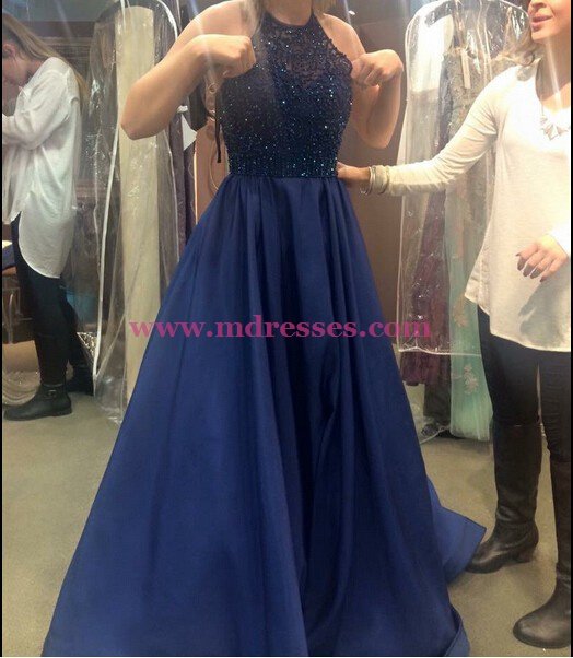 A-Line Beaded Halter Long Blue Prom Dresses Party Evening Gowns 507