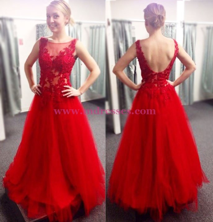 Long Red Lace and Tulle Prom Dresses Party Evening Gowns 508
