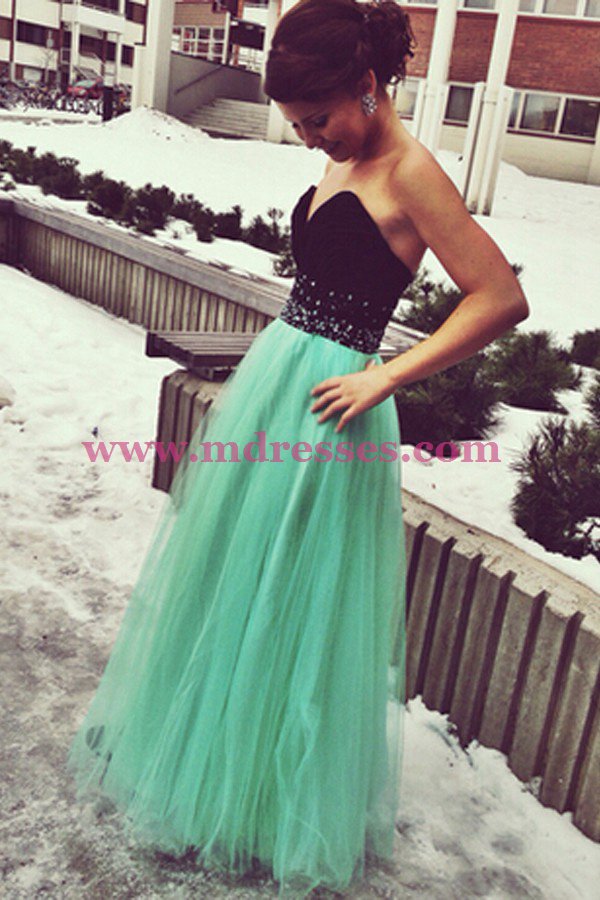 Long Black Mint Sweetheart Beaded Tulle Prom Dresses Party Evening Gowns 510