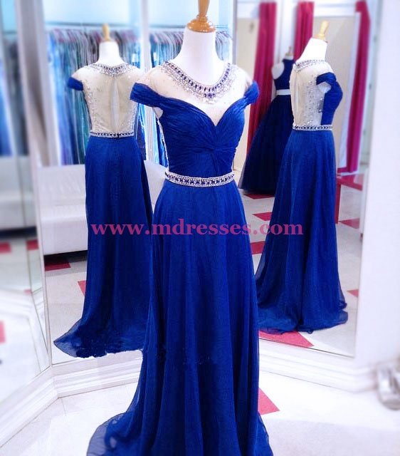 Long Blue Beaded Illusion Neckline Prom Dresses Party Evening Gowns 511