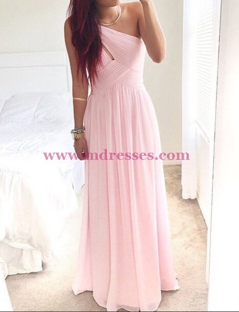 Long Pink One-Shoulder Chiffon Prom Dresses Party Evening Gowns 512
