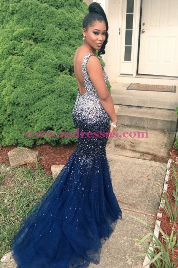 Mermaid Beaded Long Blue Prom Dresses Party Evening Gowns 513