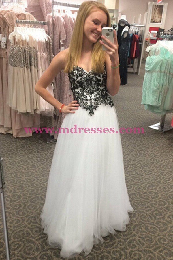 Long Black White Lace and Tulle Prom Dresses Party Evening Gowns 514