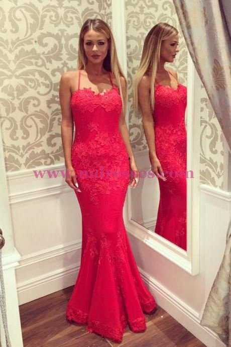 Mermaid Long Red Lace Prom Dresses Party Evening Gowns 515