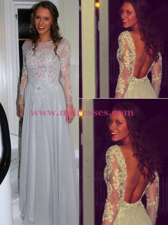 Long Sleeves Beaded Lace Backless Prom Dresses Party Evening Gowns 516