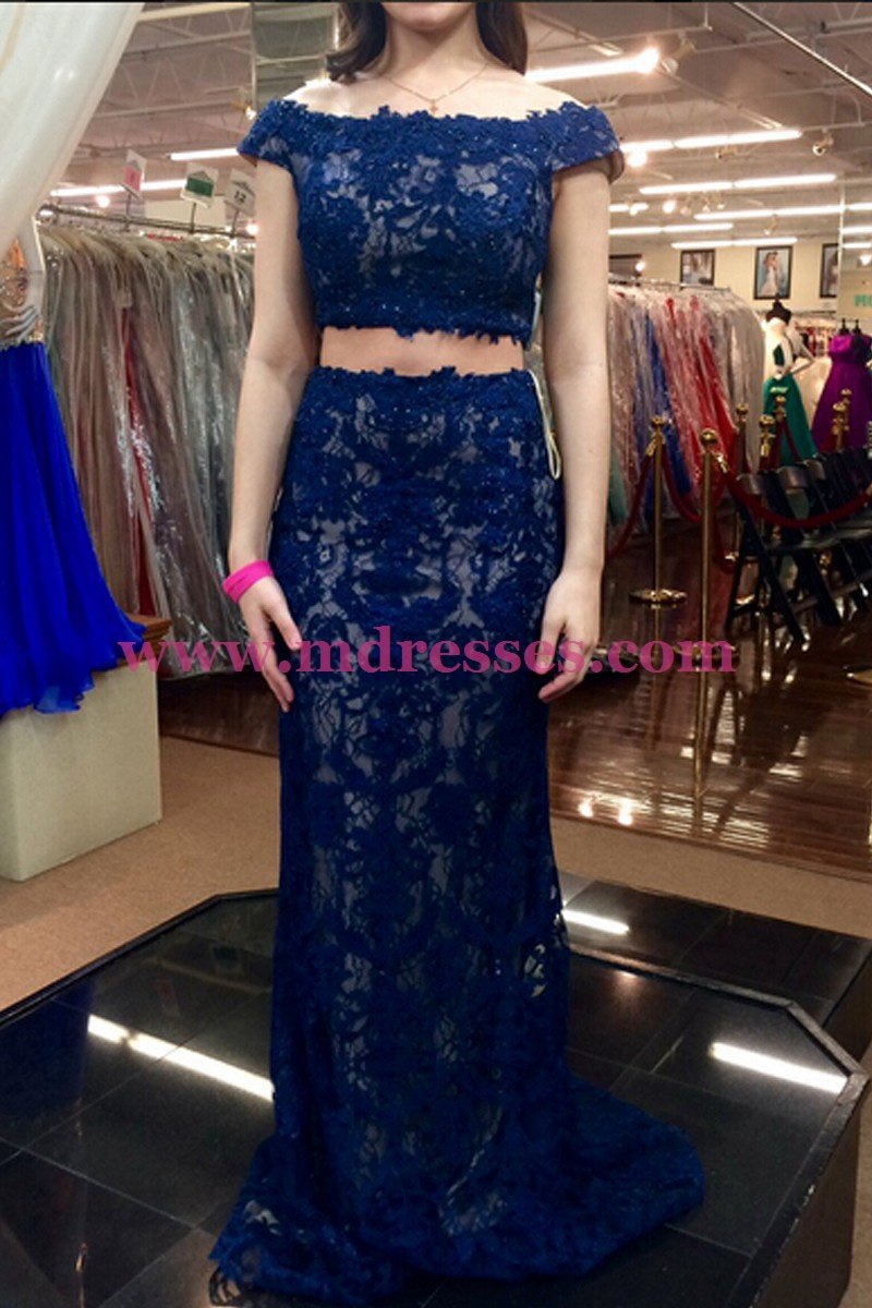 Two Pieces Off-the-Shoulder Lace Prom Dresses Party Evening Gowns 518