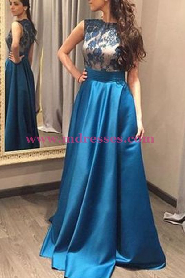 A-Line Jewel Neckline Lace Satin Long Prom Dresses Party Evening Gowns 520