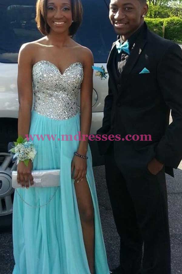 Long Blue Beaded Sequins Chiffon Prom Dresses Party Evening Gowns 521