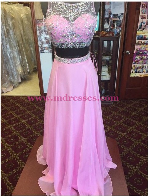Long Pink Beaded Chiffon Prom Dresses Party Evening Gowns 522