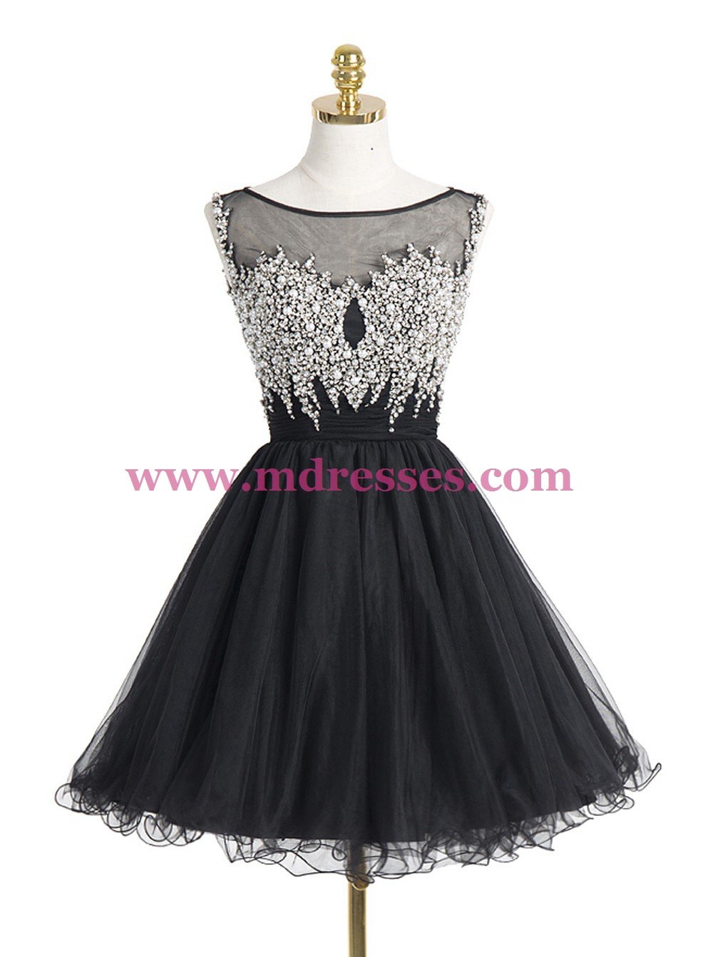 Short/Mini Illusion Neckline Beaded Black Homecoming Cocktail Prom Dresses 523