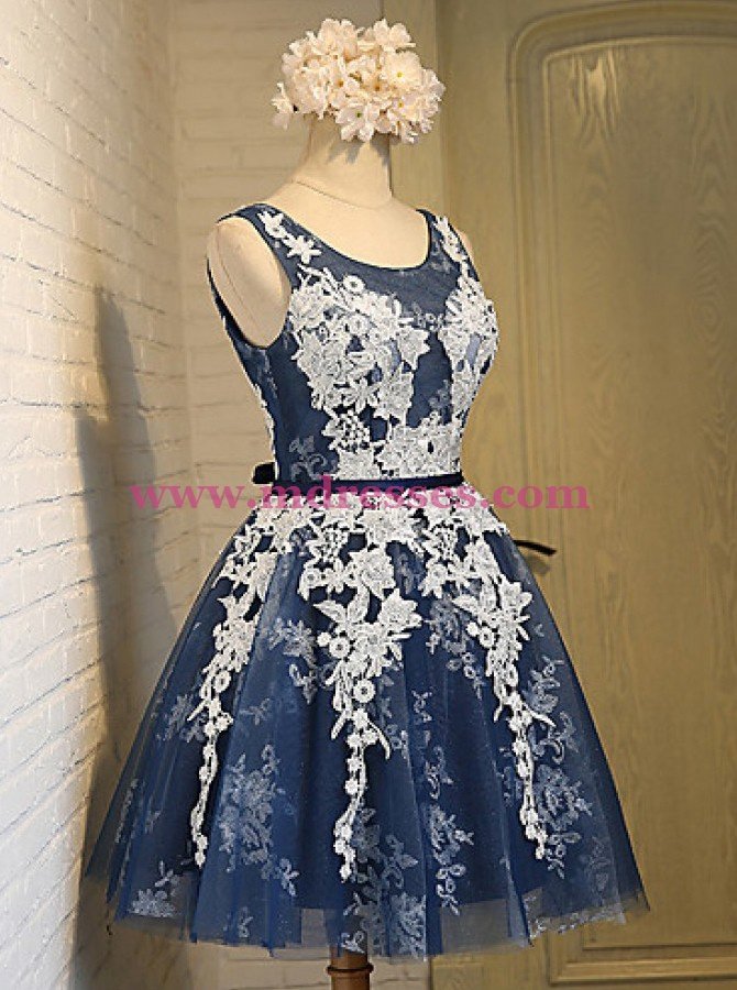 Short Blue Tulle White Lace Appliques Homecoming Cocktail Prom Dresses 527
