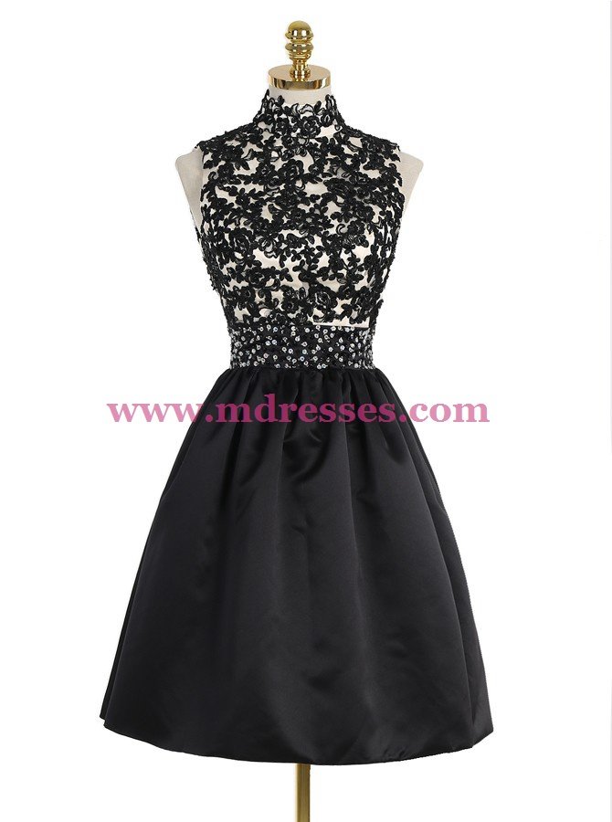 Short Black High Neck Lace Homecoming Cocktail Prom Dresses Party Evening Gowns 530