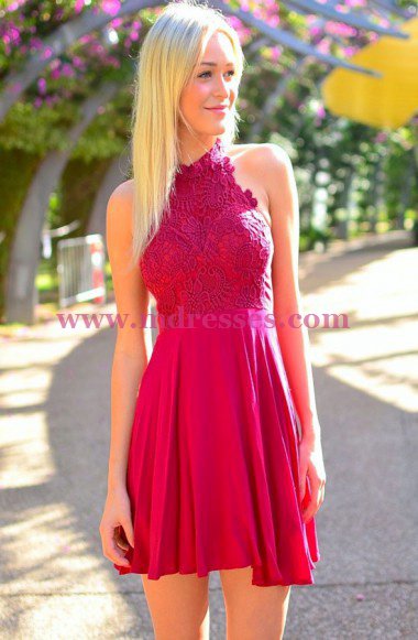 Short Halter Lace Chiffon Homecoming Cocktail Prom Dresses 534