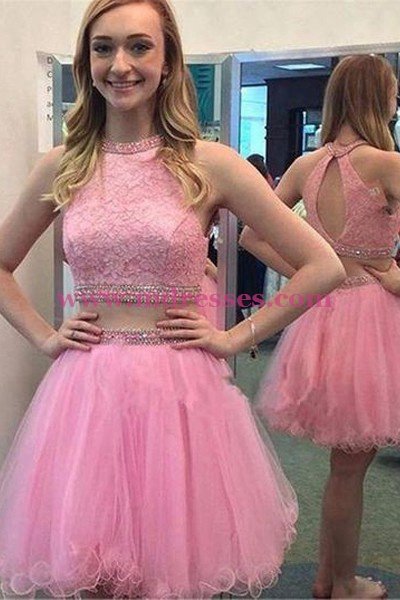 Short Pink Beaded Lace Homecoming Cocktail Prom Dresses 536